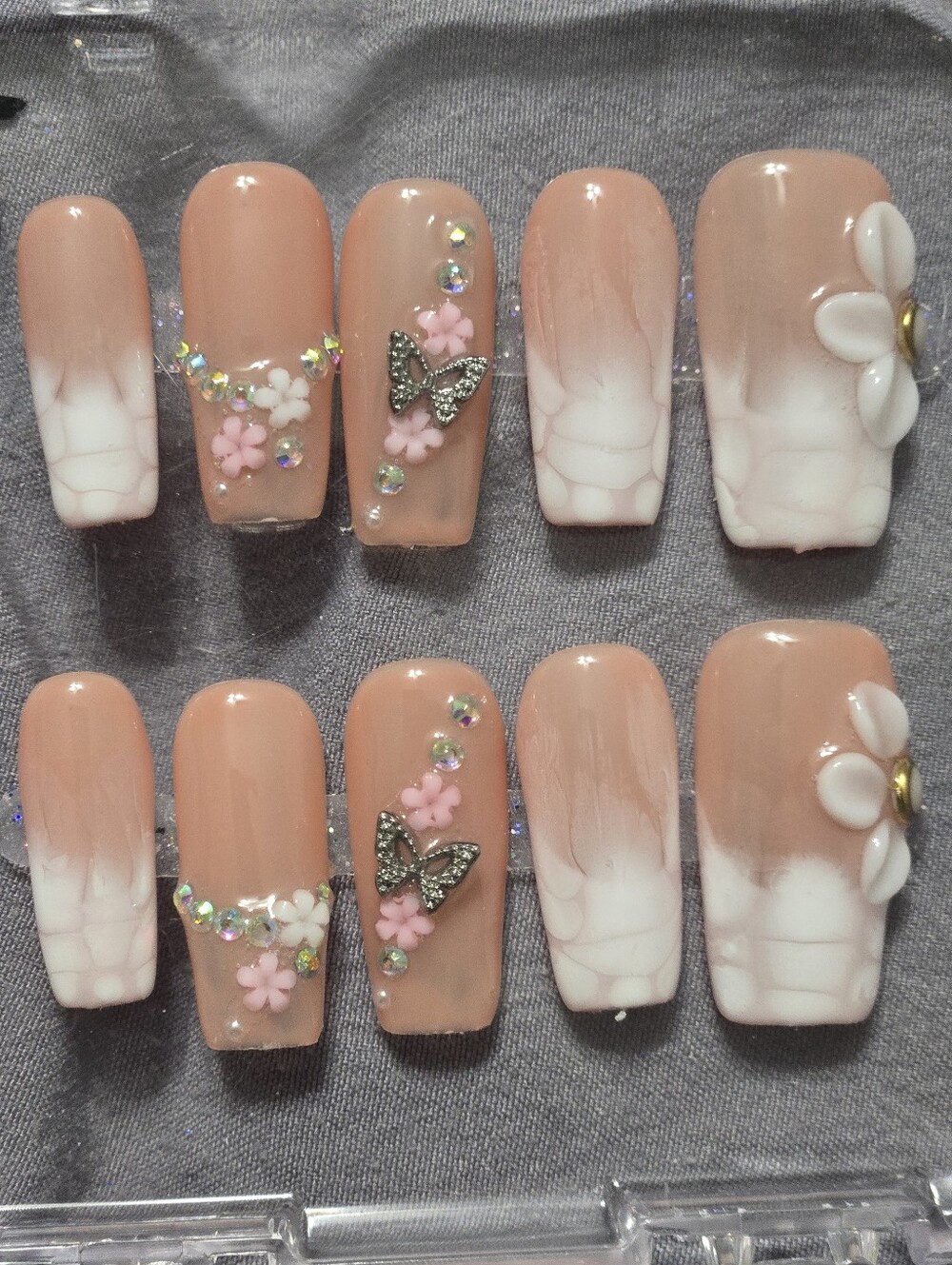Pink Ombre Floral Press-On Nails with Rhinestones, Medium Length Square Shape